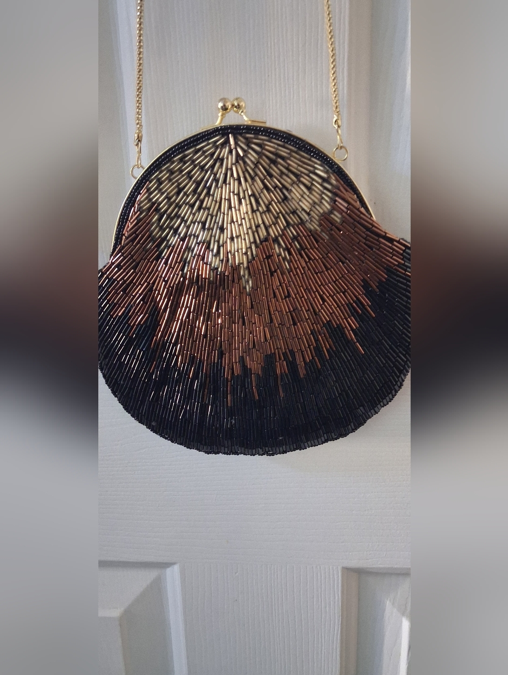 La Regale Beaded Shell Evening Clutch in Black, Copper & Gold